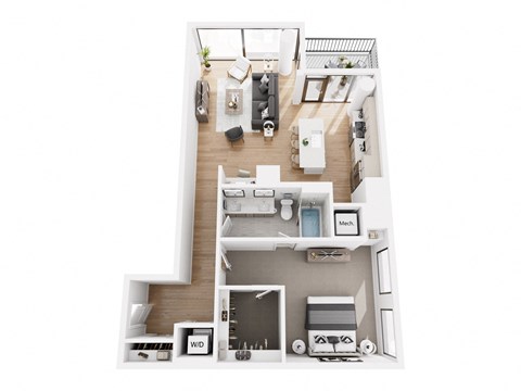 a stylized floor plan with a bedroom and a living room